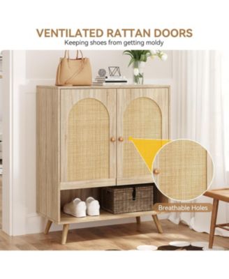 Rattan Shoe Cabinet with Doors, 4-Tier Entryway Shoe Organizer with Woven Rattan Panels and Adjustable Shelves for Hallway or Living Room