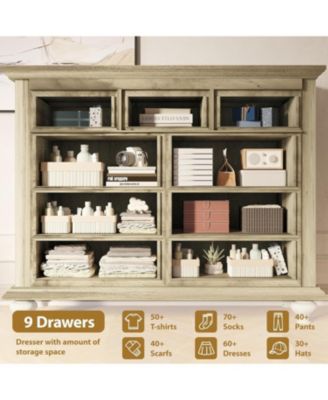 Rustic Grey 9-Drawer Bedroom Dresser, 37.8" Tall Wood Chest with Wide Drawers & Carved Metal Handles, Sturdy Organizer for Living Room Hallway