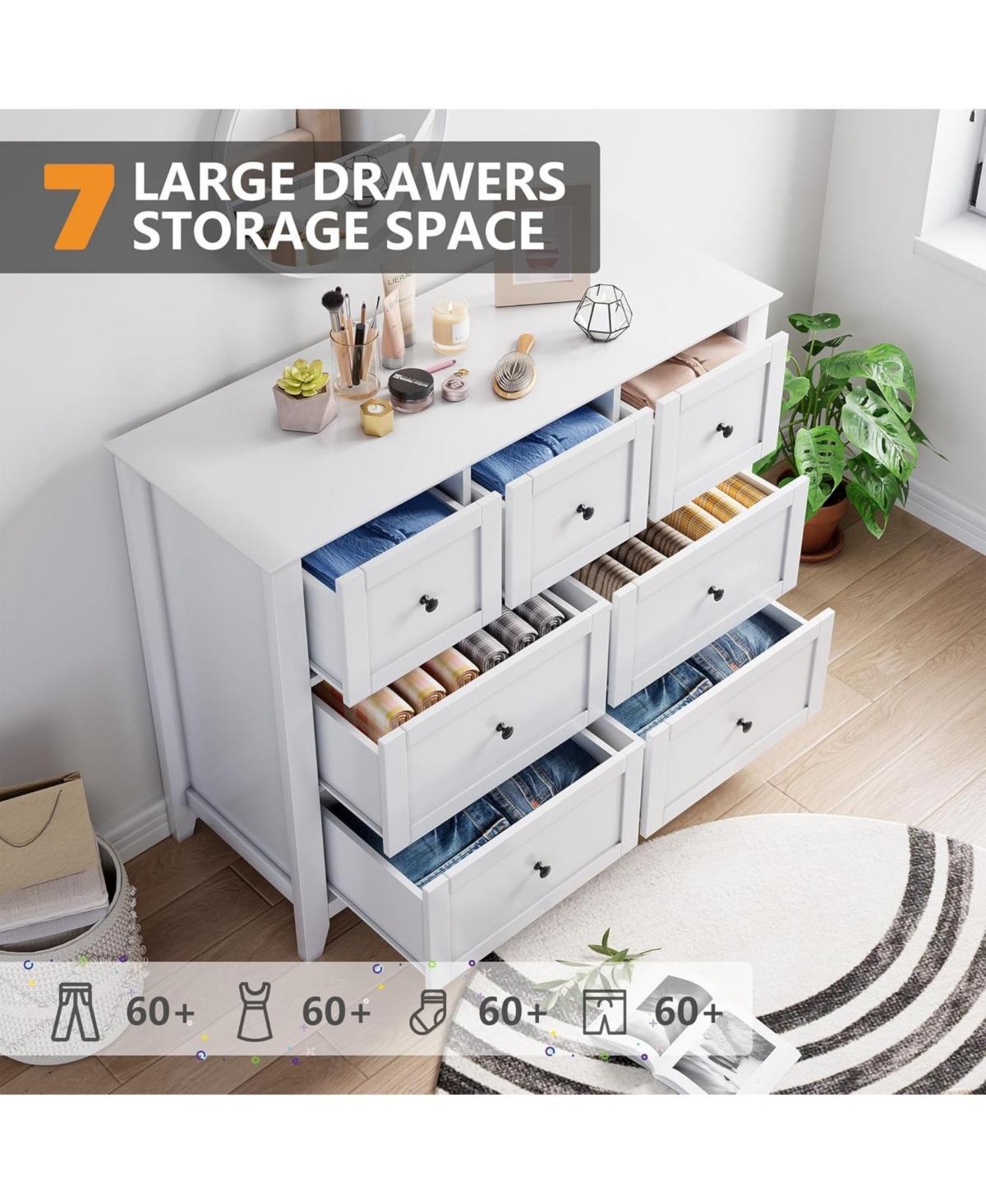 gaomon 7-Drawer Modern Chest, Deep Storage Drawers with Nickel Round Handles, Stylish Wood Organizer for Bedroom Living Room Entryway