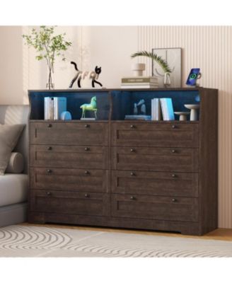 8-Drawer Bedroom Dresser with Charging Station & LED Lights, Modern Wide Wooden Chest for Bedroom Living Room Hallway Entryway
