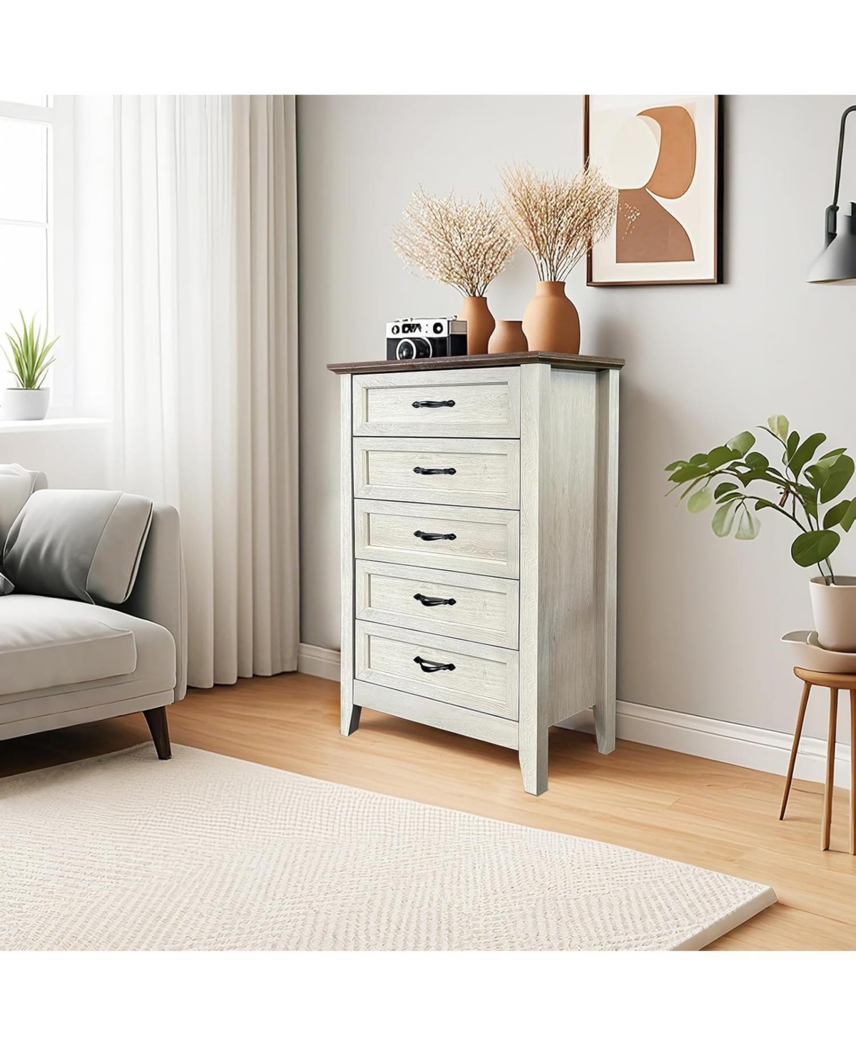 gaomon Vintage Style 5-Drawer Wood Dresser, Tall Storage Chest for Closet, Kids Bedroom, Nursery, Hallway, or Living Room