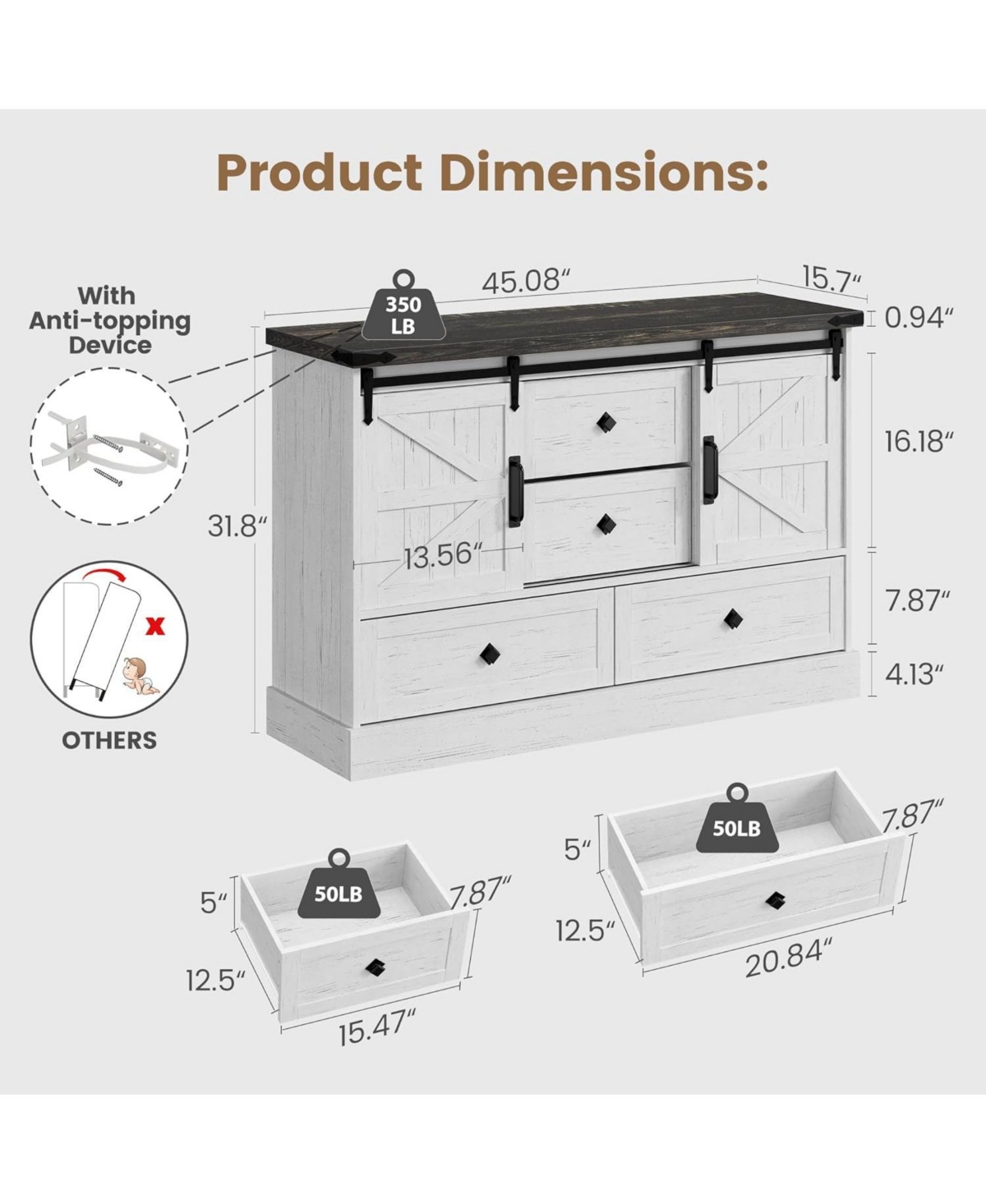 gaomon 45" Farmhouse Barn Door 4-Drawer Dresser, Compact Tv Stand and Storage Chest for Bedroom or Hallway