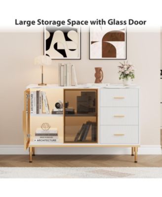 46.4" Fluted Buffet Sideboard Cabinet, Large Kitchen Storage with 2 Glass Doors, 3 Drawers & Shelves, Faux Marble Top Table