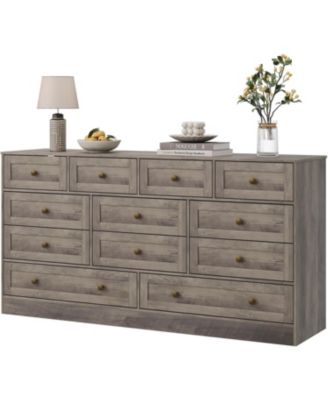 12-Drawer Wooden Bedroom Dresser, Wide Chest with Storage Organizer & TV Stand for 65" TV, Clothes Storage for Living Room, Hallway, 61"x15.75"