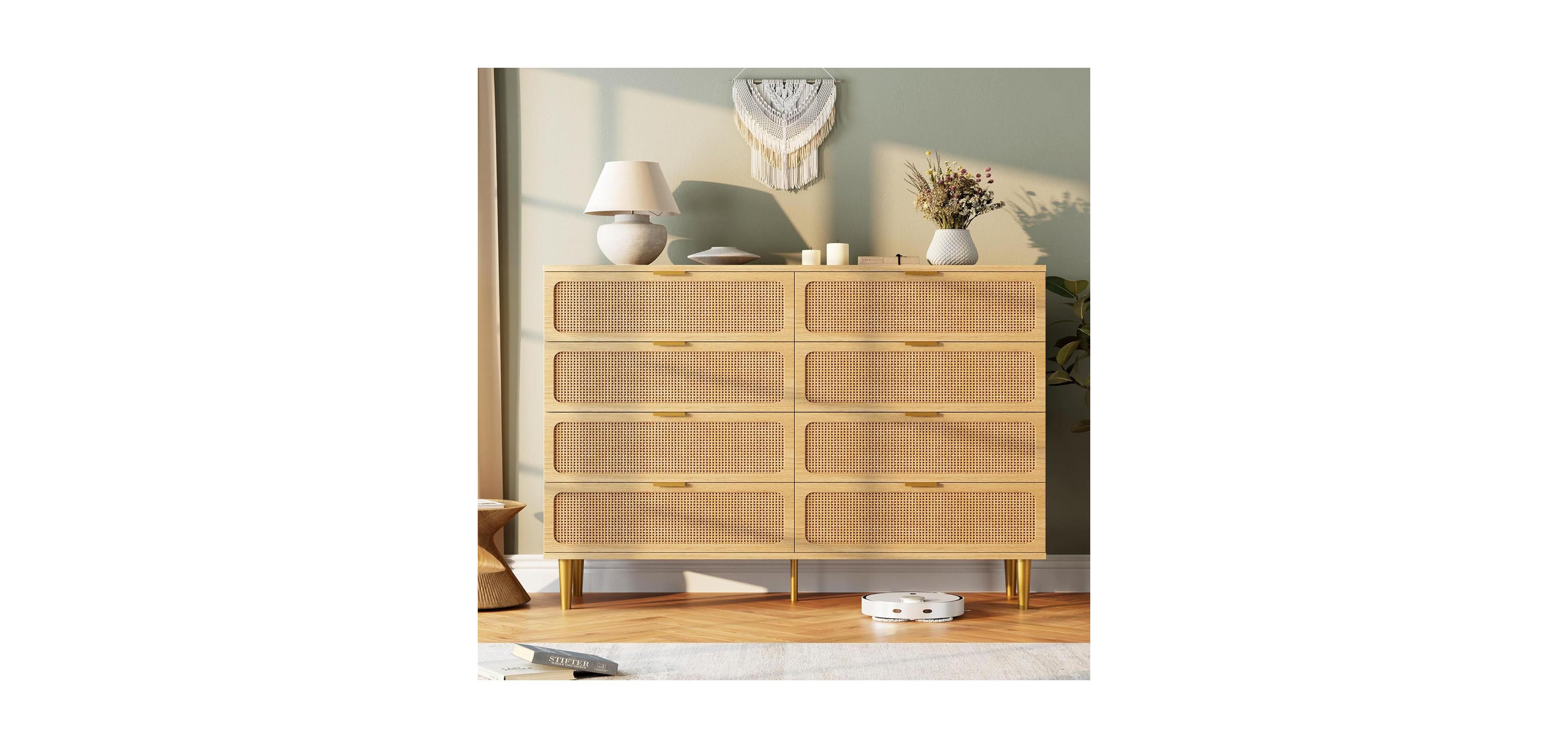 gaomon Rattan 8-Drawer Dresser – Tall Modern Chest with Deep Storage & Wide Top for Bedroom, Living Room, Hallway, Kids Room