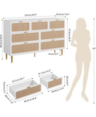 Rattan 7-Drawer Bedroom Dresser, Tall Modern Chest with Deep Drawers, Wide Top Wooden Closet Organizer for Living Room, Hallway, Kids Room