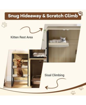 2-in-1 Cat Litter Box Enclosure Furniture with Doors, Double Layer Cat House & Storage Cabinet