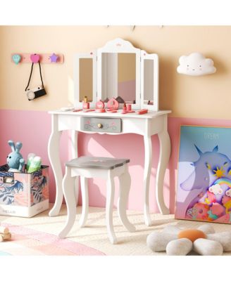 MDF Wood Tri-Folding Acrylic Mirror, Removable Mirror, Anti-Tip Safety, Includes Accessories Kids Vanity Set