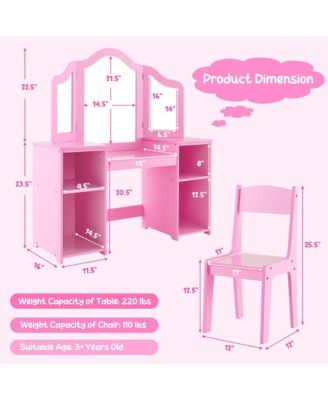 Kids Vanity 2 in 1 Princess Makeup Desk & Chair Set Safe Tri-fold Mirror