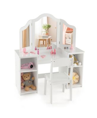 Kids Vanity 2 in 1 Princess Makeup Desk and Chair Set Safe Tri-fold Mirror