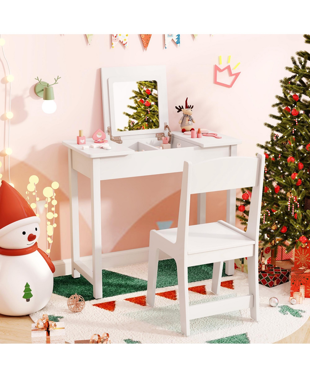 Gymax Kids Vanity Table & Chair Set 2-in-1 Princess Makeup Dressing Desk