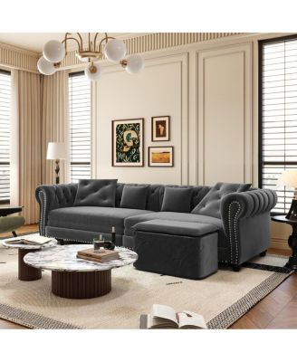 89" Sleeper Sofa Bed, King Size Velvet Pull-Out Couch with Chaise Lounge & Ottoman, 3-in-1 Tufted Sofa for Living Room