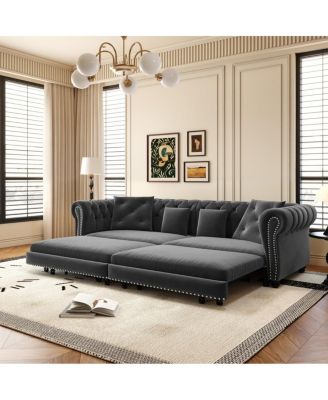 89" Sleeper Sofa Bed, King Size Velvet Pull-Out Couch with Chaise Lounge & Ottoman, 3-in-1 Tufted Sofa for Living Room