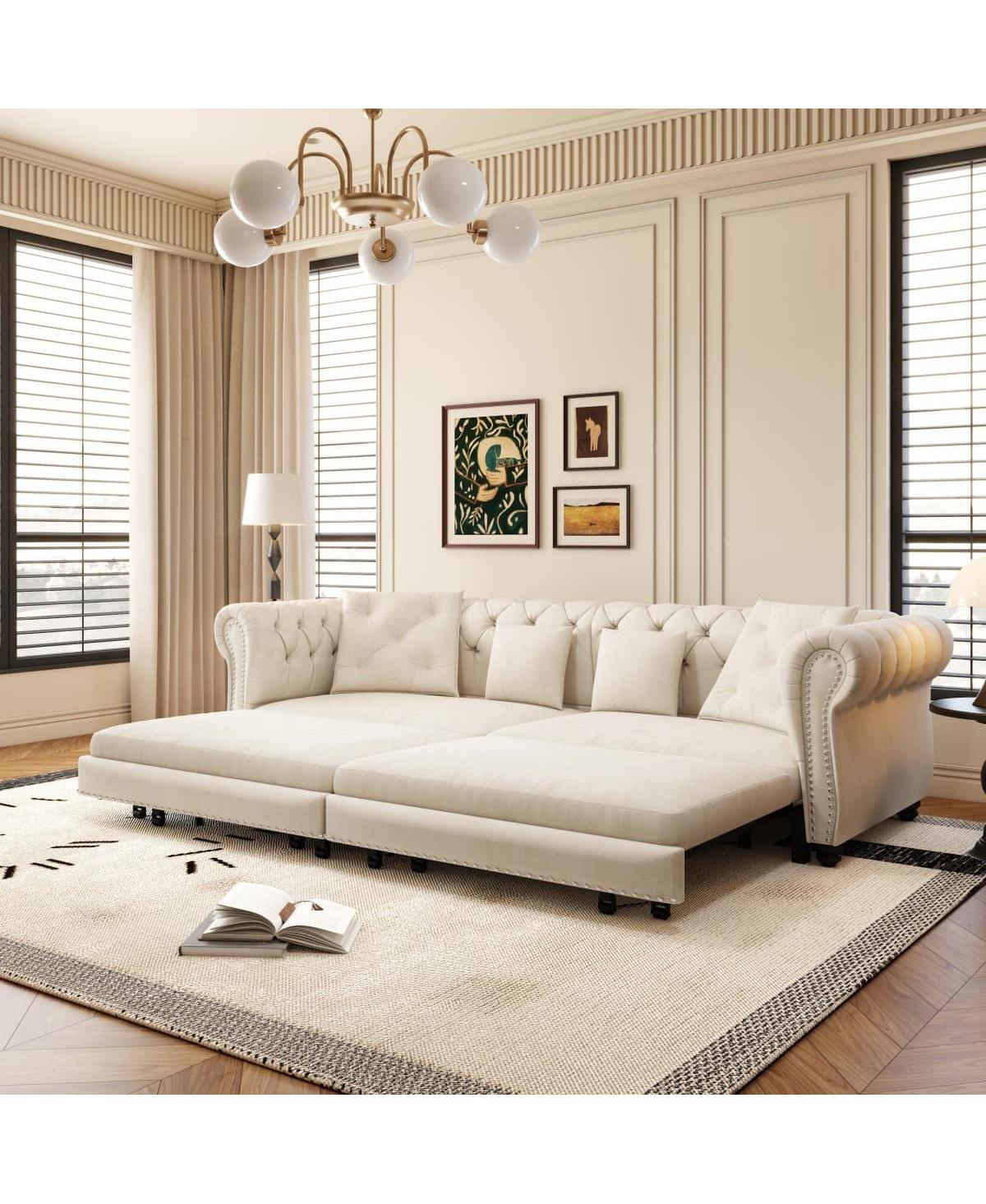 Maison Boucle 89" Sleeper Sofa Bed, King Velvet Pull-Out Couch with Chaise Lounge & Ottoman, 3-in-1 Tufted for Living Room