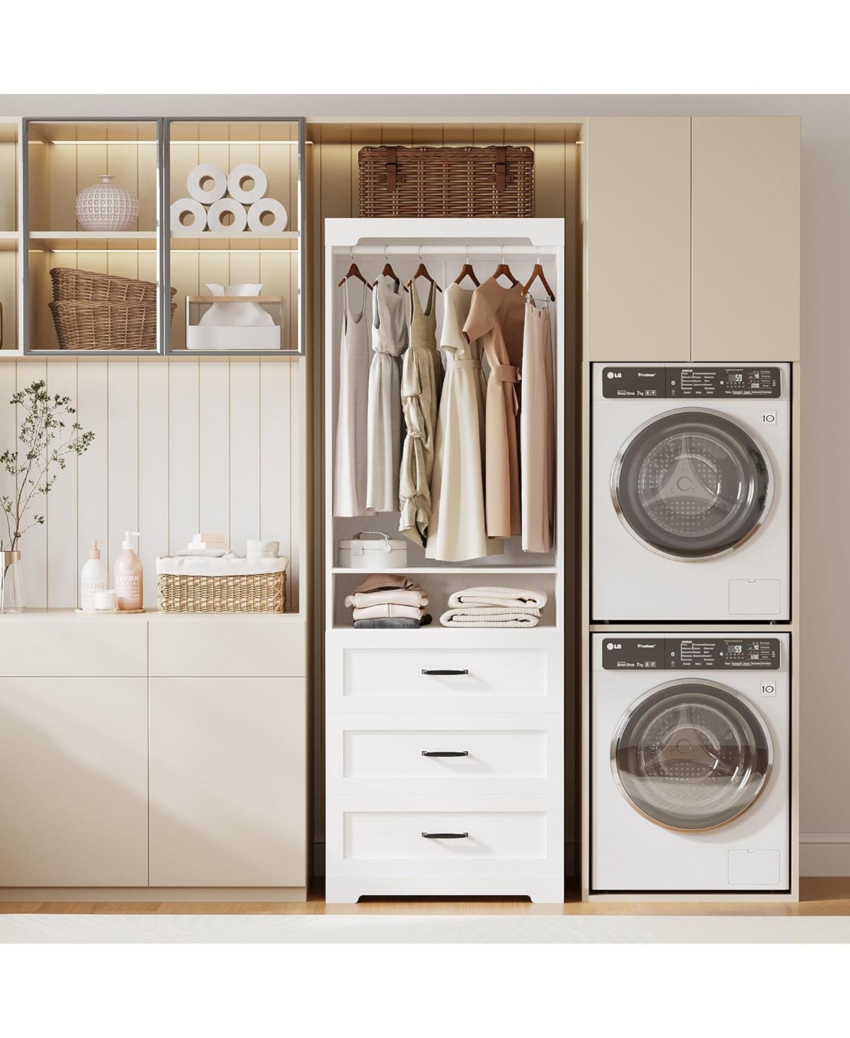 Ironck Freestanding Closet System with 3 Wood Drawers, Adjustable Shelves and Hanging Rod, White