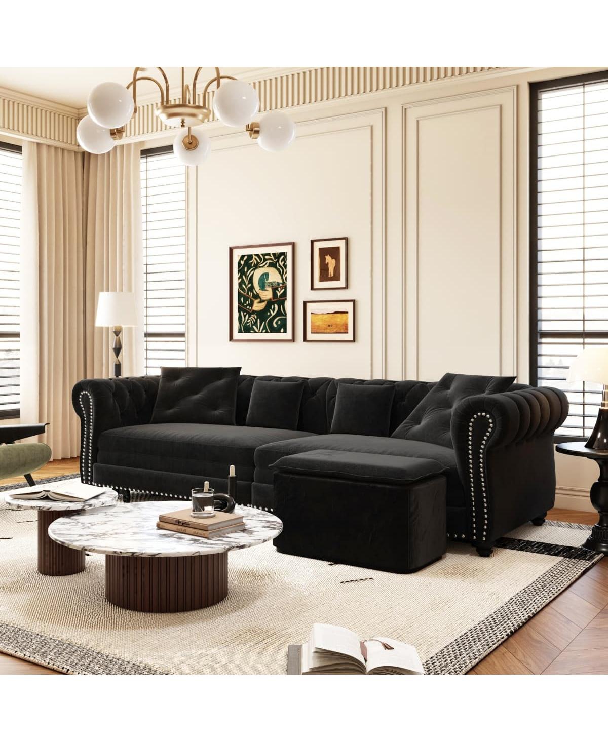 Maison Boucle 89" Sleeper Sofa Bed, King Velvet Pull-Out Couch with Chaise Lounge & Ottoman, 3-in-1 Tufted for Living Room