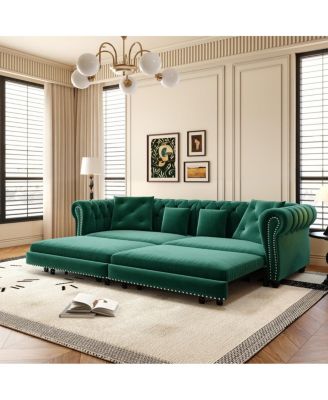 89" Sleeper Sofa Bed, King Size Velvet Pull-Out Couch with Chaise Lounge & Ottoman, 3-in-1 Tufted Sofa for Living Room