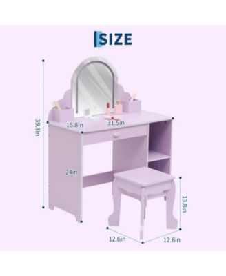 Kids Vanity with Lighted Mirror & Stool, Little Girls Vanity with Adjustable LED Light, Storage Drawer & Shelves for Girls 3-9