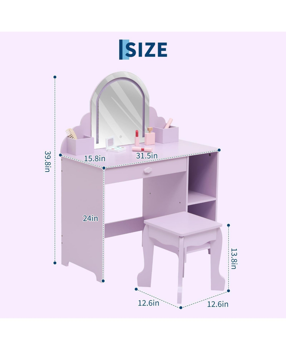 gaomon Kids Vanity with Lighted Mirror & Stool, Little Girls Vanity with Adjustable Led Light, Storage Drawer & Shelves for Girls 3-9