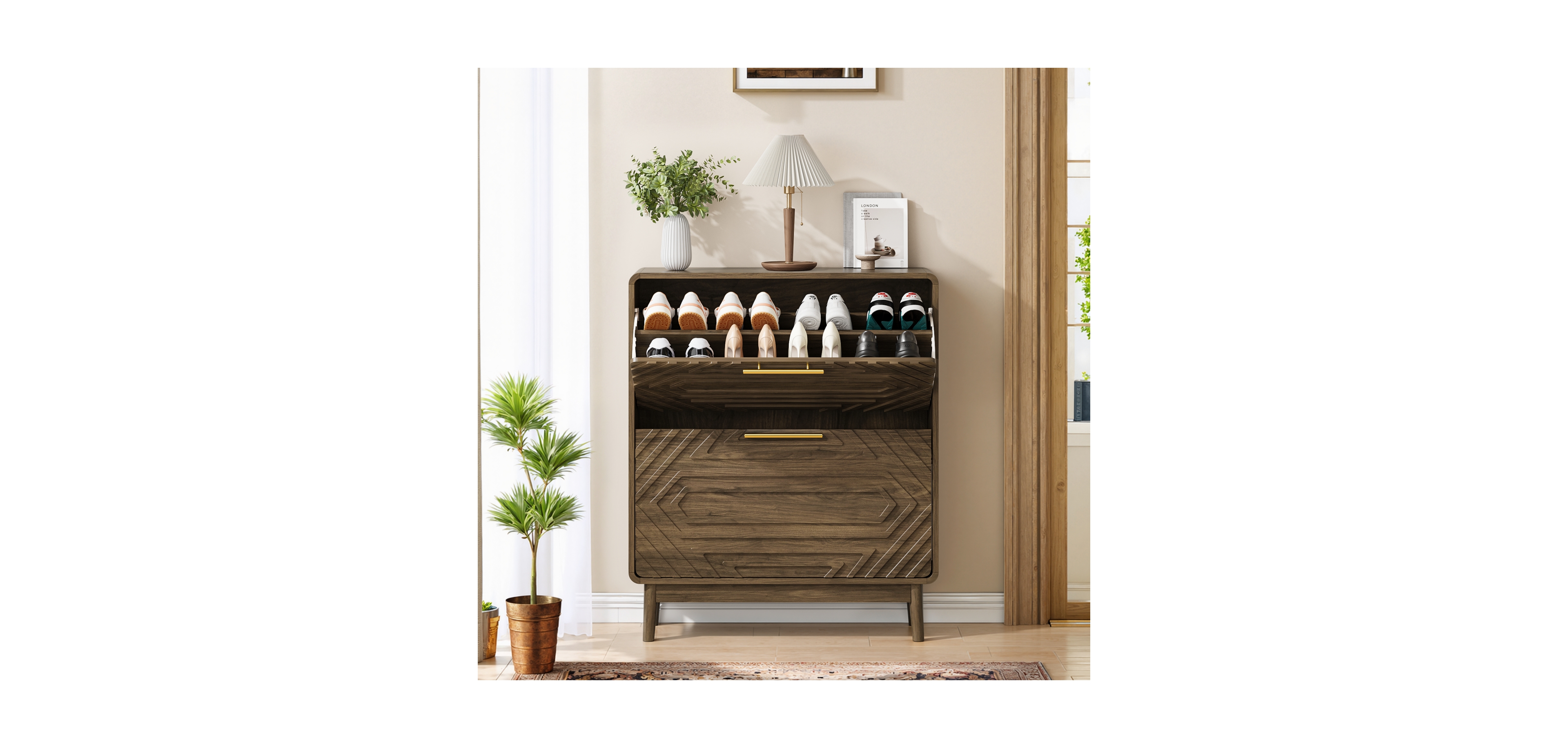 Streamdale 31.5'' Walnut Shoe Cabinet - Mid-Century Modern Organizer