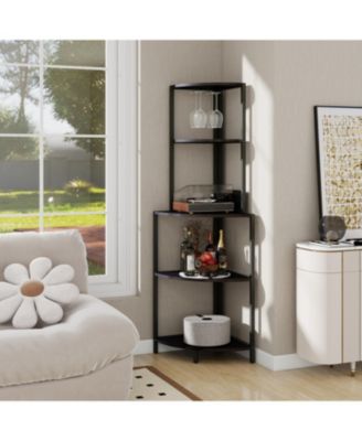  5-Tier Corner Shelf with LED Light & USB, Glass Holder, Tall Corner Bookshelf