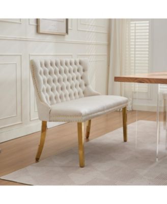Velvet Dining Loveseat Bench, Tufted 2-Seat, Gold Legs, Mid Century Modern, Beige