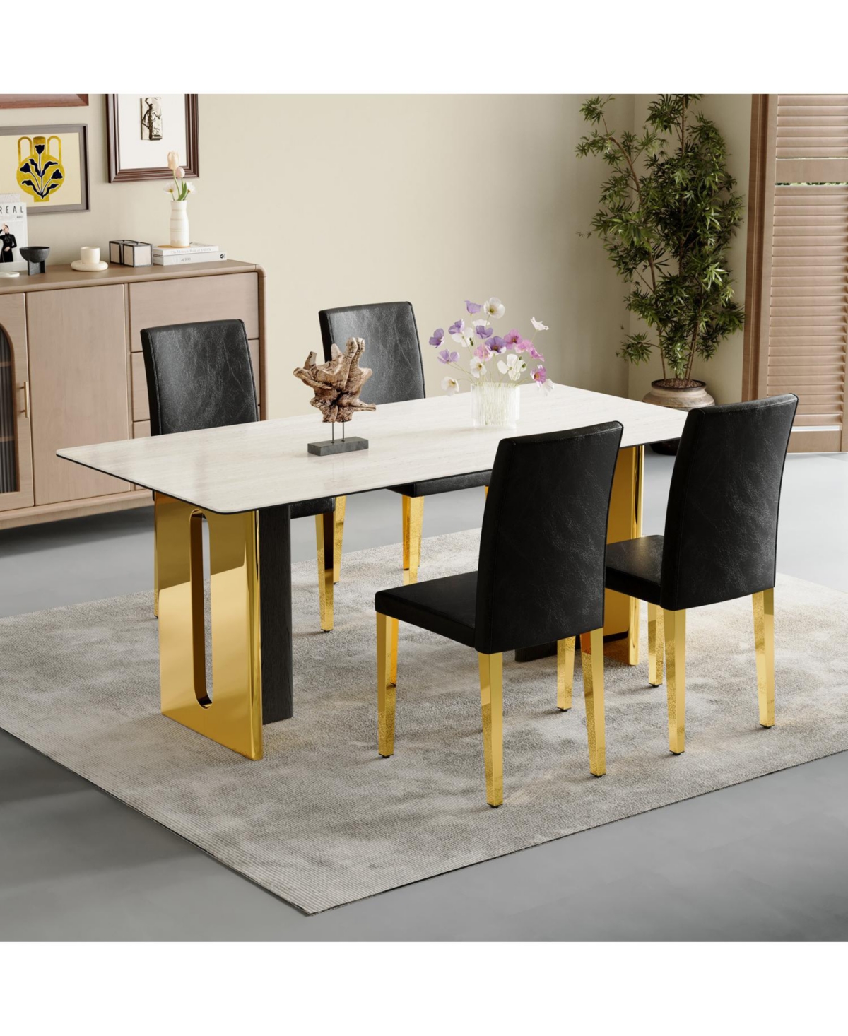 Streamdale Furniture Black Pu Leather Chairs with Gold Legs (Set of 4)