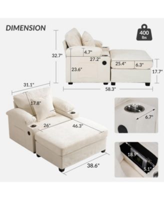 Oversized Chenille Chair with Ottoman USB & Cupholders