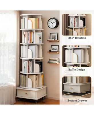 Rotating Bookshelf with Wheels & Drawer