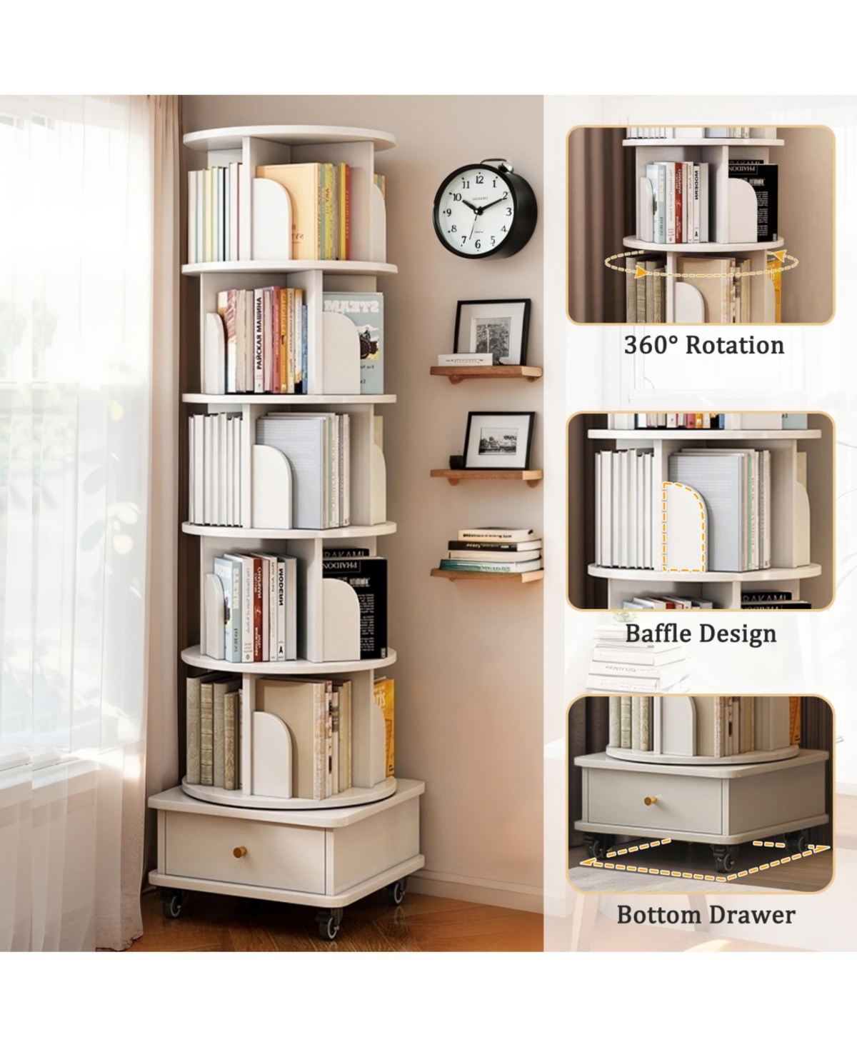 Streamdale Furniture Rotating Bookshelf with Wheels & Drawer