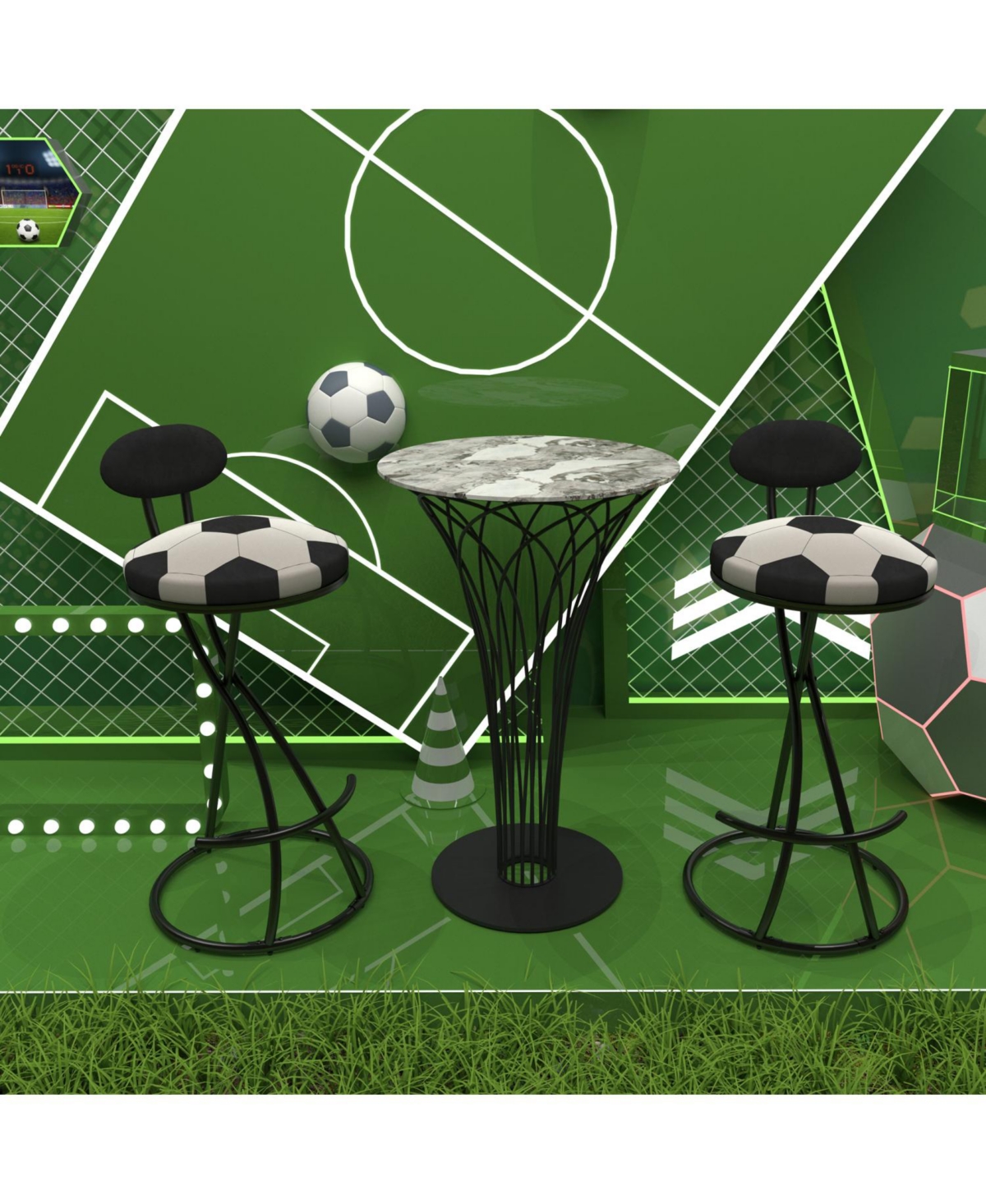 Streamdale Furniture Velvet Football Print Bar Stools Set of 2 - Black Frame