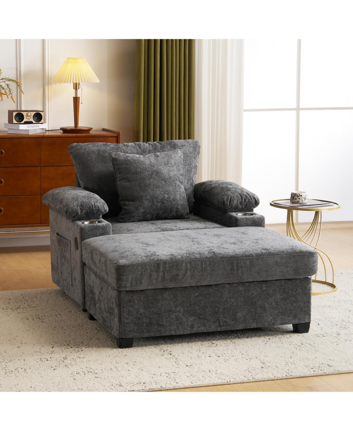 Streamdale Furniture Oversized Chenille Chair with Ottoman Usb & Cupholders