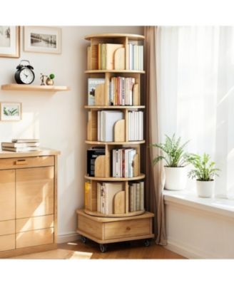 Rotating Bookshelf with Wheels & Drawer