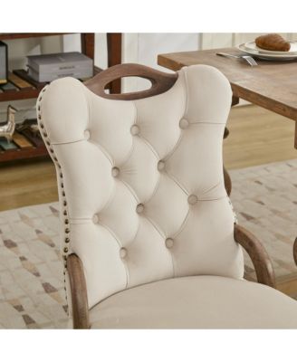 Streamdale Velvet Tufted Dining Chairs, Wood Handles & Legs, Copper Nails, Beige, Set of 2