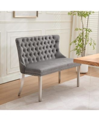  Velvet Tufted Dining Bench, Wingback, Silver Legs, Mid Century Modern, Gray