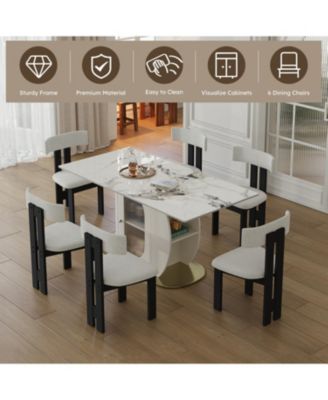 Streamdale Modern Dining Set- Burnt Stone Table, Gold Base, 6 Velvet Chairs