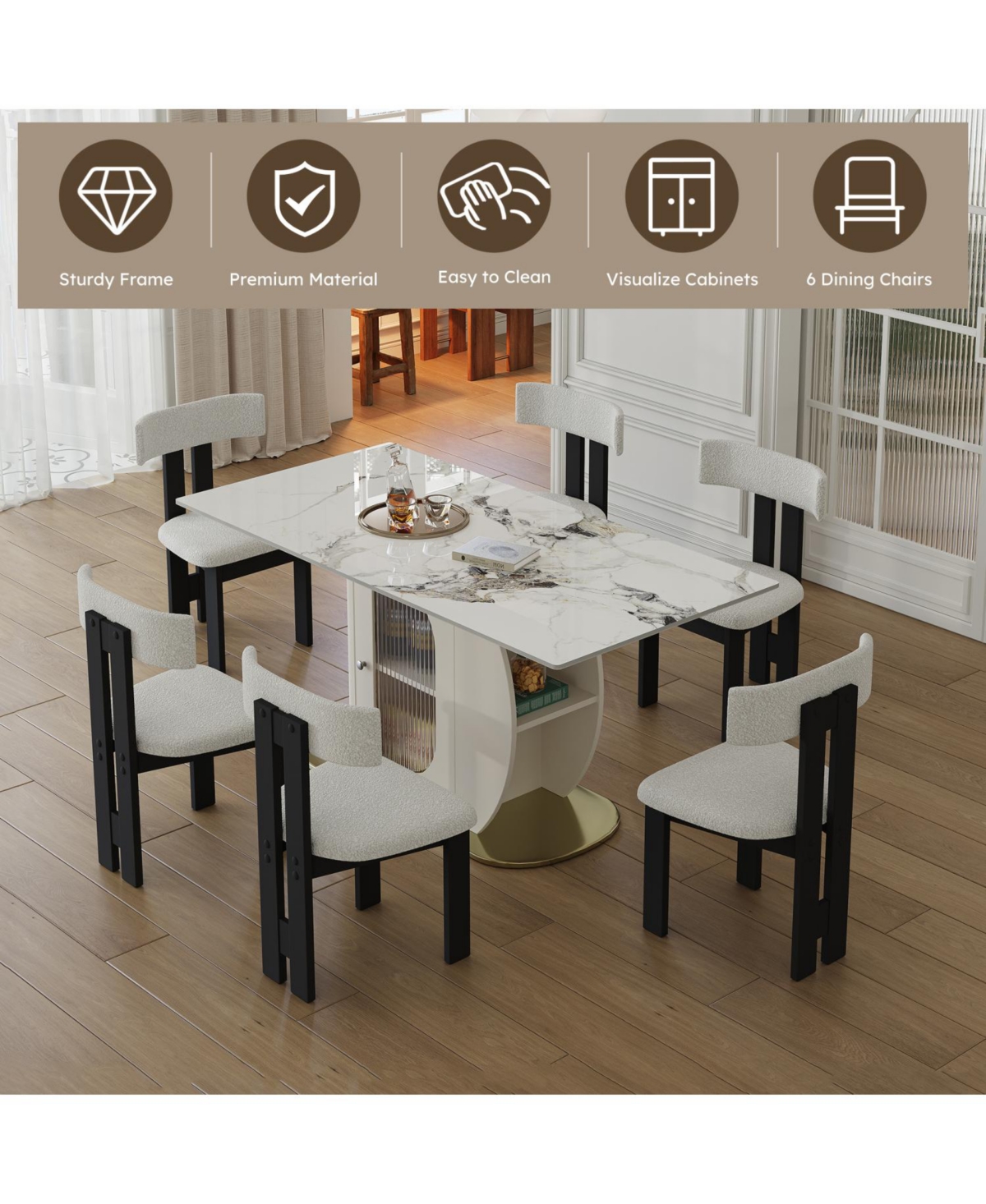 Streamdale Furniture Streamdale Modern Dining Set- Burnt Stone Table, Gold Base, 6 Velvet Chairs
