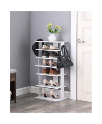 7-Tier Vertical Shoe Rack Organizer with Hooks - White