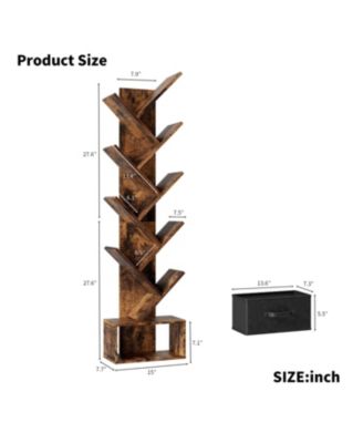 Rustic Brown 9-Tier Tree Bookshelf with Drawer