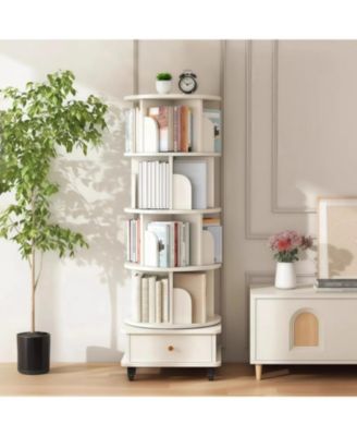 Rotating Bookshelf with Wheels & Drawer - White