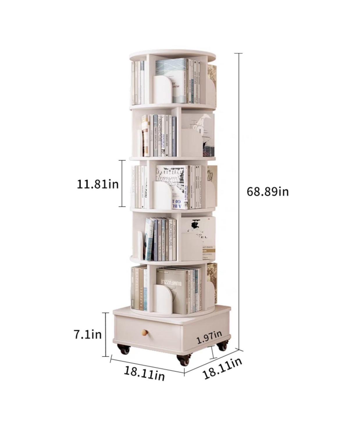 Streamdale Furniture Rotating Bookshelf with Drawer, 6-Tier Corner Bookcase, White