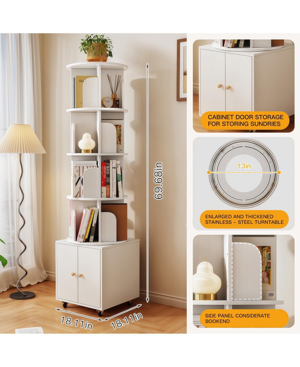 Streamdale Furniture Rotating 5-Tier Corner Bookshelf with Drawer