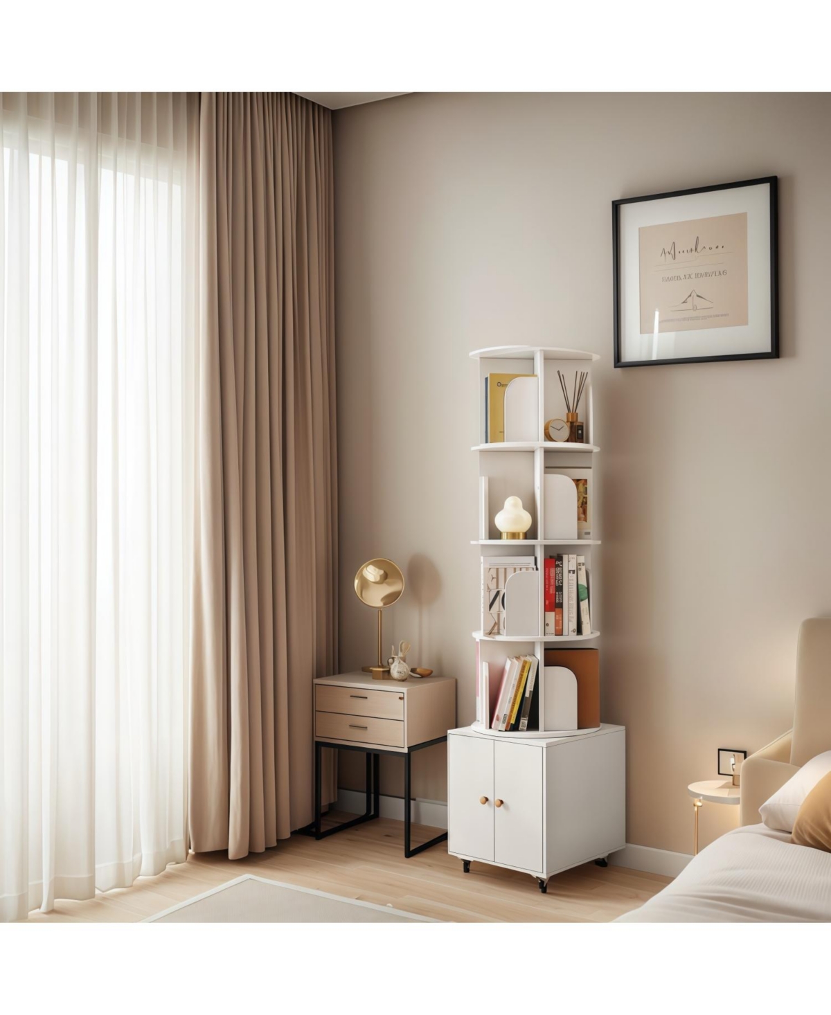 Streamdale Furniture Rotating 5-Tier Corner Bookshelf with Drawer