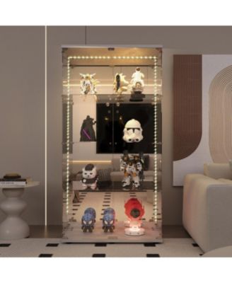 Tempered Glass Display Cabinet w/ LED, Lock, Mirror Back - White