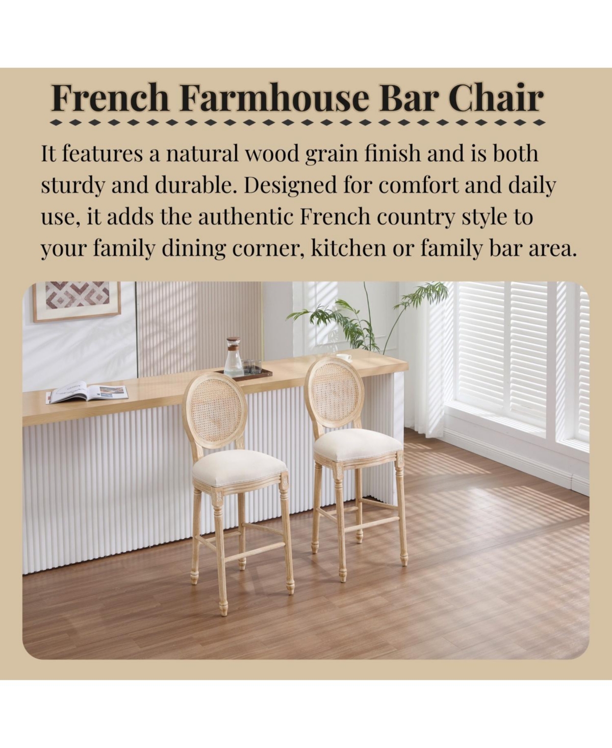 Streamdale Furniture French Country Bar Chairs (Set of 2) - Rattan Back, Beige