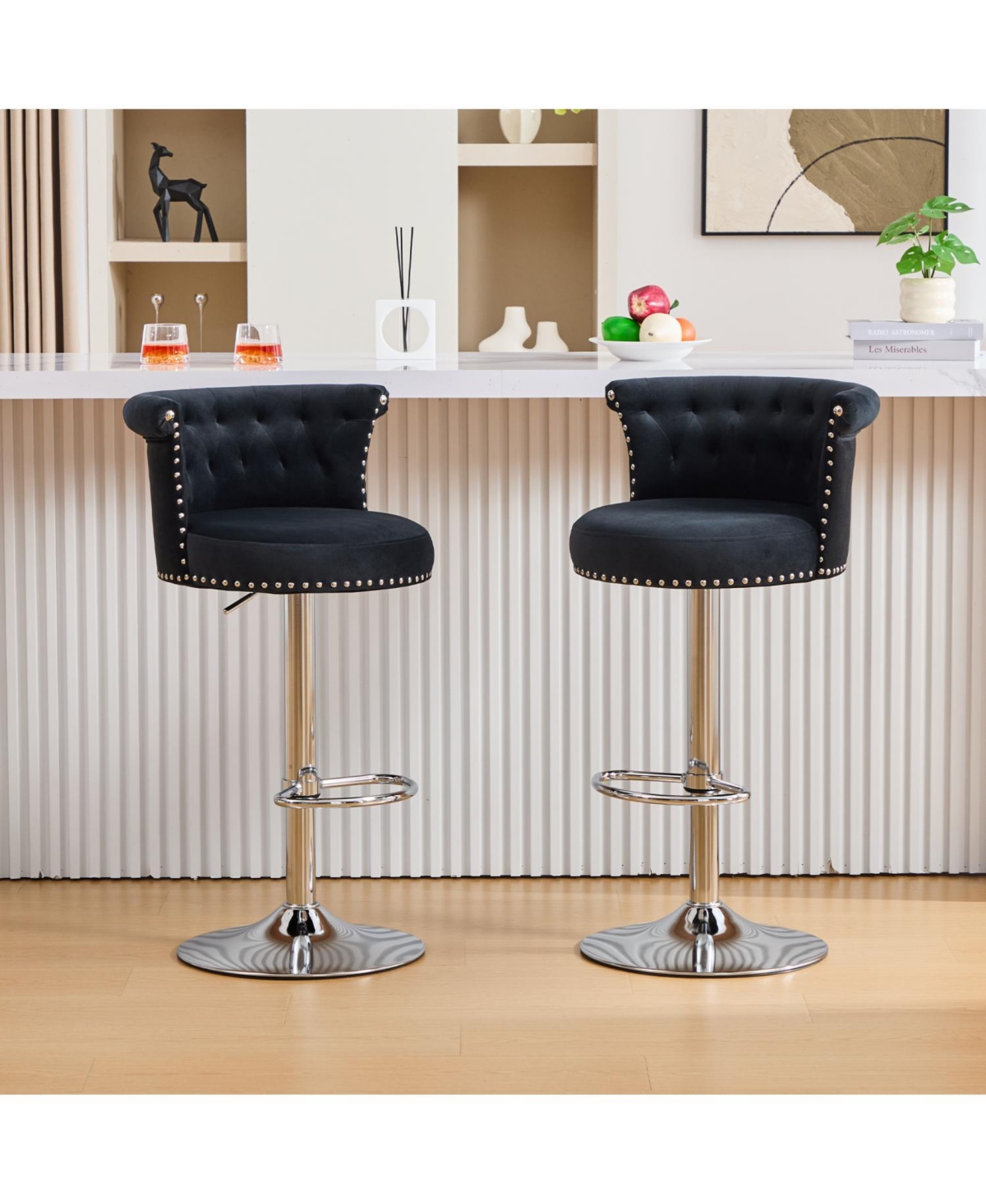 Streamdale Furniture Streamdale Velvet Bar Stool, Adjustable Swivel, Silver Legs