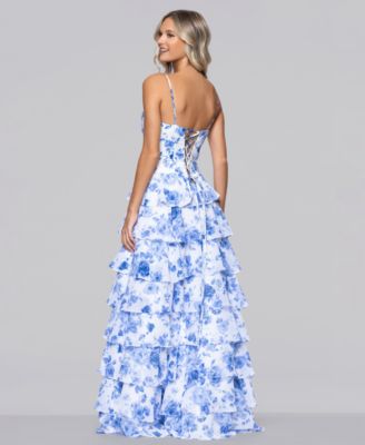 Juniors' Printed Corset Ruffle Gown