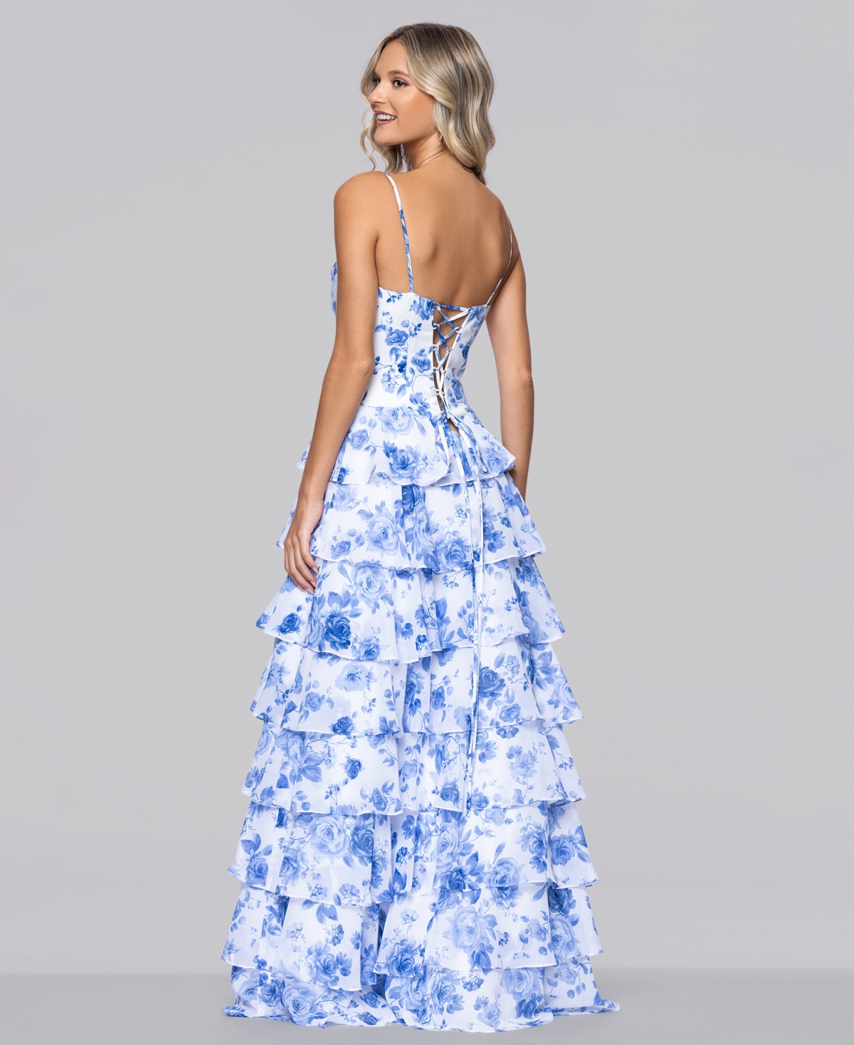 Blondie Nites Juniors' Printed Corset Ruffle Gown