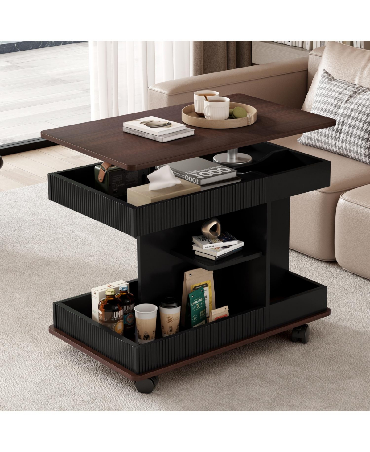 Streamdale Furniture Adjustable Lift-Top End Table with Wheels & Storage