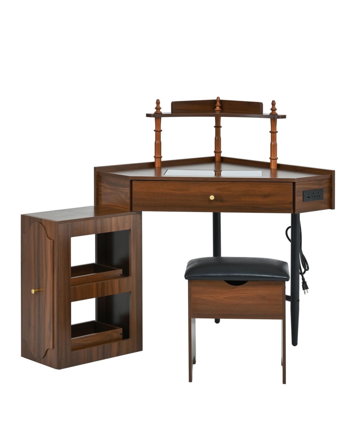 Streamdale Corner Vanity Desk Set, Cushioned Stool, Charging Station, Black